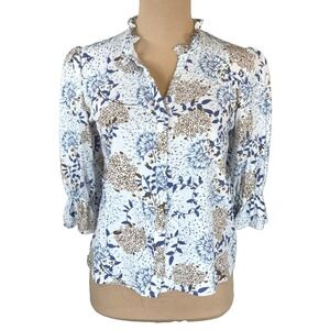 Harve Benard Floral Ruffle Neck 3/4 Sleeve Button Down Blouse‎ Small Petite